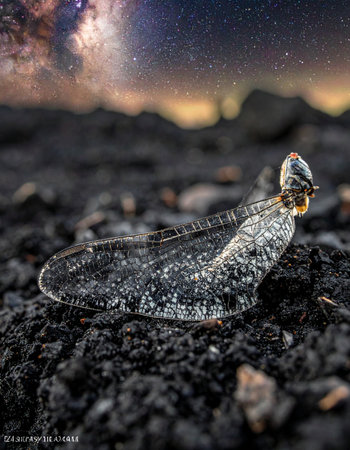 In a stunning juxtaposition of scales, a delicate winged insect rests for the last time on dark volcanic soil.の素材