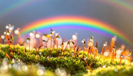 A vibrant rainbow arches gracefully over a miniature forest of moss, each stalk adorned with a sparkling dewdrop.の素材