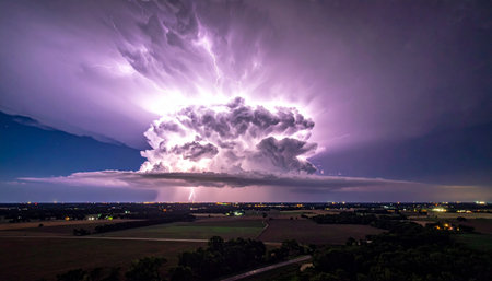 A colossal anvil cloud dominates the night sky, erupting from within with a brilliant display of purple and white lightning.の素材