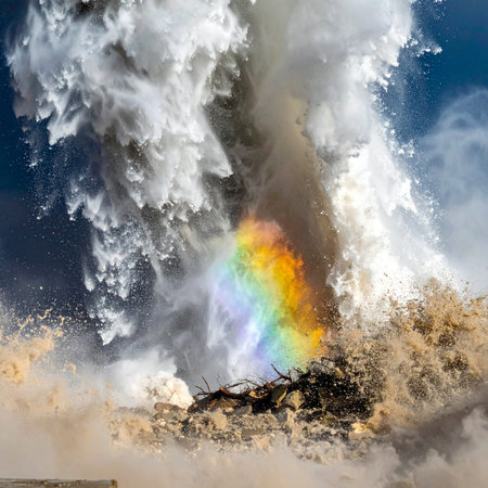 Witness the breathtaking contrast of creation and chaos as a powerful geyser erupts.の素材