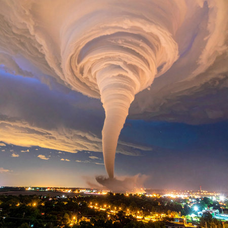 A colossal tornado funnel descends from a turbulent supercell cloud, its powerful vortex illuminated against the twilight sky.の素材