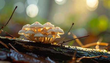 A tiny cluster of mystical mushrooms glows with an otherworldly light on a decaying log.の素材
