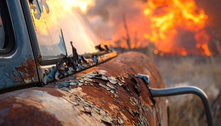 A forgotten relic of a bygone era, this old, rusty truck sits abandoned as the world burns behind it.の素材