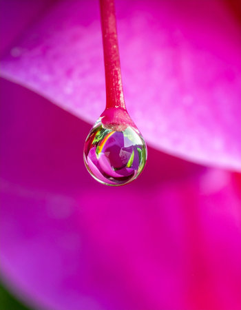 A single, perfect water droplet clings to the delicate stamen of a fuchsia flower, acting as a natural lens.の素材