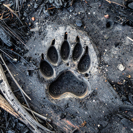 A single, clear paw print of a wild wolf is left in the cool ash of a recent forest fire.の素材