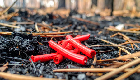 A cluster of spent red shotgun shells lies discarded on the charred and ashen ground of a recently burned forest.の素材