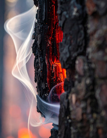 In the quiet aftermath of a blaze, a tree trunk holds the fire's memory.の素材