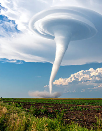 A massive supercell thunderstorm spawns a powerful tornado, its funnel cloud descending dramatically from the sky to touch down in a vast, rural landscape.の素材