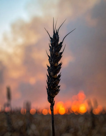 A lone stalk of wheat stands in silhouette against the breathtaking canvas of a fiery sunset.の素材
