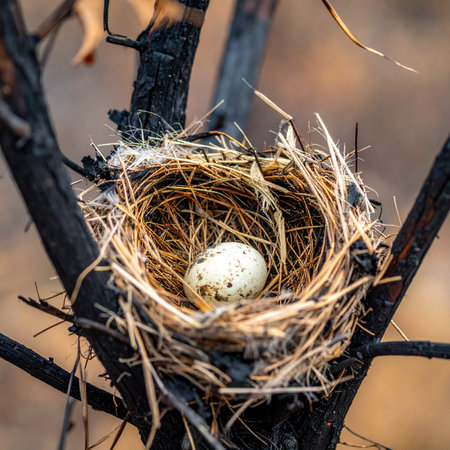Tucked securely within a meticulously woven nest of twigs and grass, a single speckled egg rests, a quiet symbol of hope and a new beginning.の素材