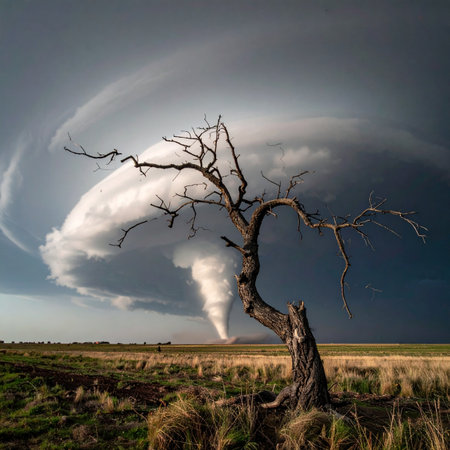 A powerful tornado descends from a dramatic supercell cloud over a vast, open plain.の素材