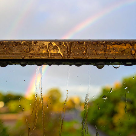 After a cleansing rain shower, water droplets cling to a window and railing, framing a beautiful, hopeful rainbow in the sky.の素材