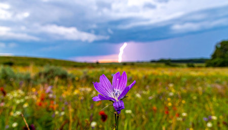 A lone purple wildflower stands resilient in a vibrant meadow, its delicate petals a stark contrast to the powerful lightning strike tearing through the dramatic, stormy sky on the horizon.の素材