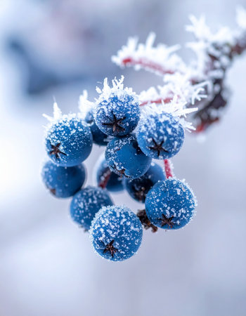 A delicate cluster of wild blue berries awakens to a crisp winter morning, each one kissed by a crystalline layer of hoarfrost.の素材