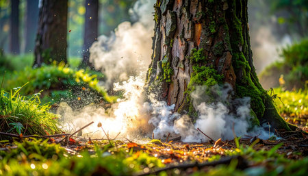 In the heart of a tranquil, sun-dappled forest, a mysterious plume of white smoke rises from the mossy base of an ancient tree.の素材