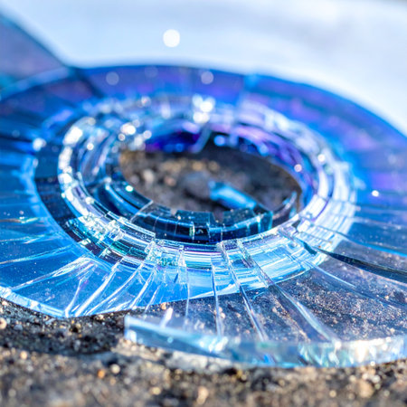 A close-up of a shattered compact disc lies on the gritty ground, its iridescent blue surface fractured into a mosaic of broken data.の素材