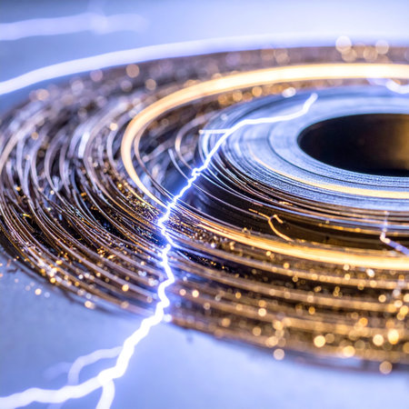 A brilliant arc of raw electricity surges across the surface of a futuristic engine core, its metallic coils glowing with immense power.の素材