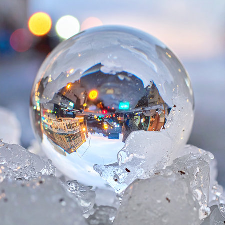 A festive city street, aglow with colorful evening lights, is captured upside down within the magical confines of a crystal ball.の素材