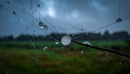 In the quiet moments after a rain shower, a delicate spiderweb holds onto precious droplets of water.の素材