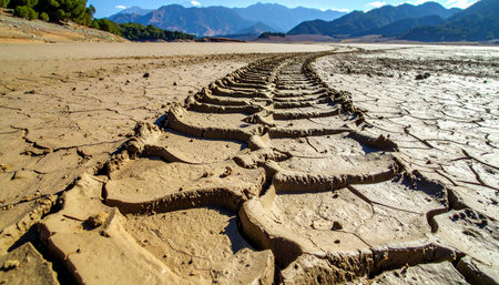 Deep vehicle tire tracks press into the parched, cracked earth of a dried-up lakebed, a stark symbol of severe drought and climate change.の素材