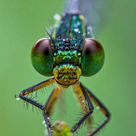 A stunning macro portrait captures the intricate details of a damselfly's face, adorned with glistening morning dew.の素材
