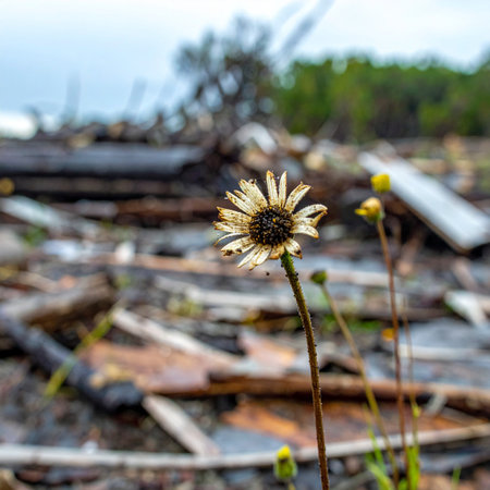 In the somber aftermath of a devastating fire, a single, wilted flower stands as a poignant symbol of resilience and hope.の素材