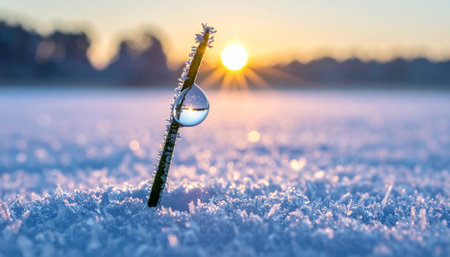 The first light of dawn glints off a frozen fishing rod, its reel reflecting the golden sunrise over a vast, snowy expanse.の素材