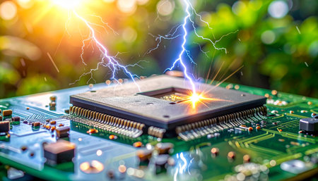 A powerful microchip on a circuit board is struck by a bolt of pure energy, symbolizing a breakthrough in green technology.の素材