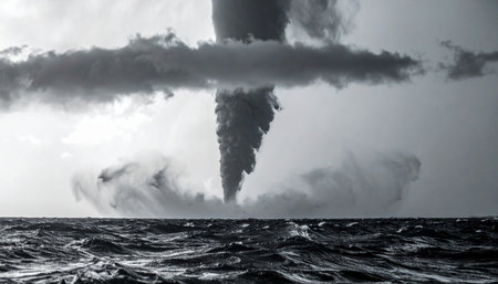 A massive waterspout forms over a turbulent ocean, its dark funnel connecting the stormy sky to the churning sea below.の素材