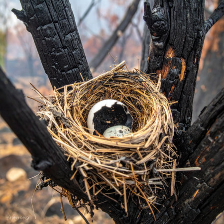 In the stark aftermath of a devastating forest fire, a symbol of incredible resilience emerges.の素材