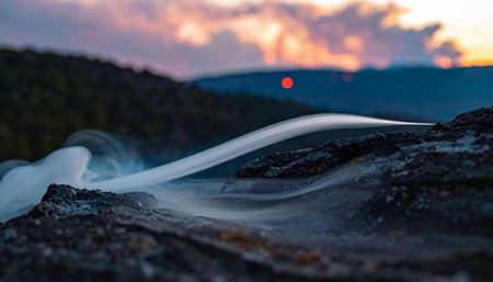 As the sun dips below the distant mountain peaks, a mystical, smoke-like fog drifts serenely over ancient, dark rocks.の素材