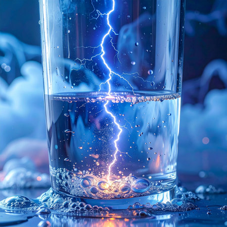 A brilliant flash of lightning strikes through a simple glass of water, symbolizing a sudden breakthrough or the harnessing of raw, untamed energy.の素材