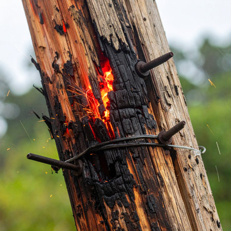 A close-up view of a weathered wooden utility pole smoldering from within. Glowing red embers and flames are visible inside a charred crack, hinting at a recent fire or a hidden danger.の素材
