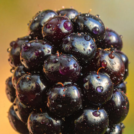 A perfect, ripe blackberry, captured in stunning macro detail, glistens with fresh morning dew. Each tiny drupelet reflects the light, promising a burst of juicy, sweet flavor.の素材
