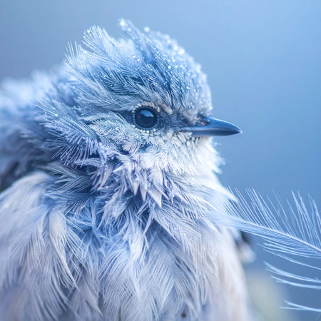 A tiny blue bird, its delicate feathers adorned with sparkling ice crystals, endures the quiet chill of a winter morning.の素材