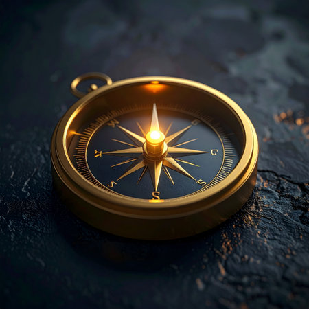 An ancient golden compass rests on a dark, rugged surface, its needle glowing with an inner light.の素材