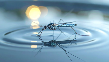 A close-up, detailed view captures a mosquito delicately balanced on the still surface of the water.の素材