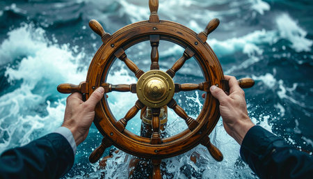 From a first-person perspective, a captain's hands grip the wooden helm, steering the vessel with determination through the churning, stormy ocean.の素材