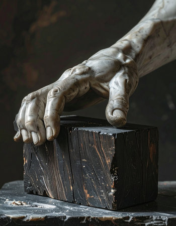 A dramatic close-up captures the intricate detail and powerful form of a classical marble hand.の素材