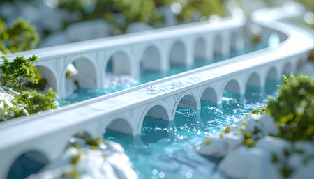 A beautifully crafted miniature aqueduct, with elegant white arches, spans a shimmering turquoise river.の素材