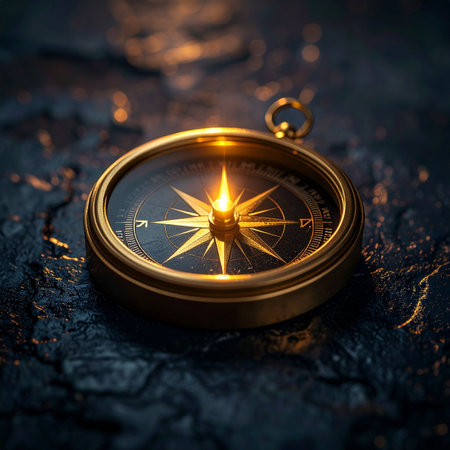 In the surrounding darkness, a vintage golden compass glows with an inner light, its needle steady and true.の素材