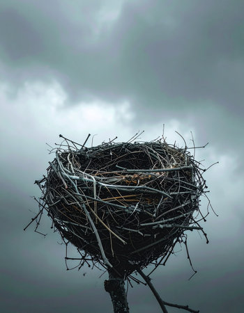 An empty bird's nest, intricately woven from twigs and branches, stands resilient against a dark and stormy sky.の素材