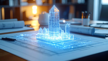 In a quiet office late at night, a glowing holographic model of a futuristic skyscraper rises from a blueprint.の素材