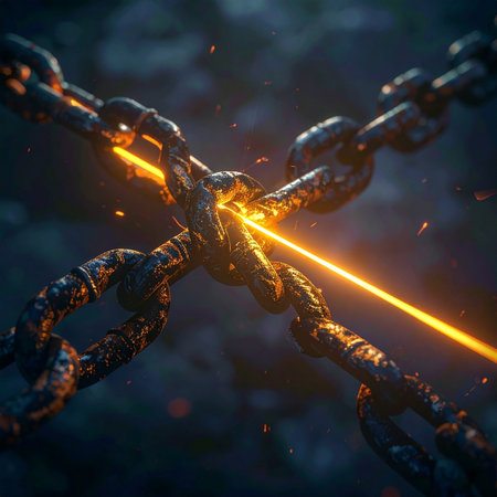 An intense, high-energy laser beam slices through a heavy, rusted metal chain link, sending a shower of brilliant sparks into the darkness.の素材