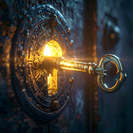 A glowing golden key turns within an ancient, ornate lock, casting a brilliant light from the keyhole.の素材
