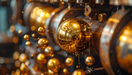 A close-up, selective focus shot of shimmering golden Christmas ornaments.の素材