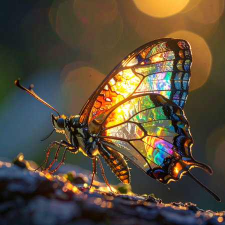 A magnificent butterfly rests at dusk, its delicate wings transformed into a living stained-glass window by the setting sun.の素材
