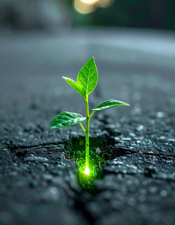 In the darkness of a city street, a single green sprout defies the odds, breaking through the hard asphalt.の素材