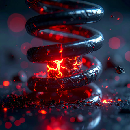 A metal spring glows with intense internal heat, pushed to its absolute limit.の素材