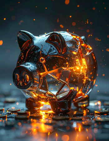 A transparent piggy bank violently shatters from an internal explosion of light and energy, sending shards and sparks flying.の素材